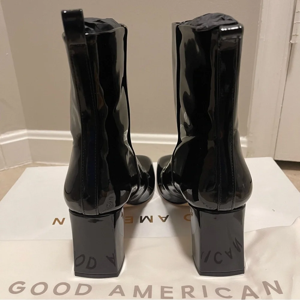 Good American Black Patent Leather Ankle Boots GA165P-X Glossy Square Toe
